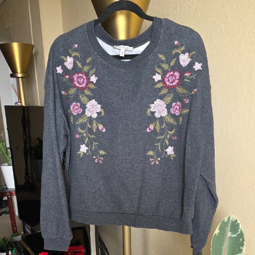 Express Charcoal Sweatshirt with Floral Embroidery